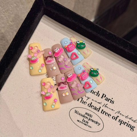 10 Stück süße Kapibala handgefertigte künstliche Nägel, erröten rosa, handbemalt, französischer Stil, zum Aufdrücken der Nägel, Schleifendekor, tragbarer falscher Nagel 