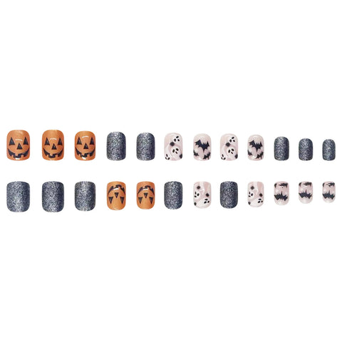 24 uñas postizas con lentejuelas brillantes para fiesta de Halloween, cortas, cuadradas, con estampado de fantasma, calabaza y murciélago, cobertura total. 