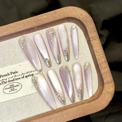 10 parches de uñas postizas moradas estilo francés, hechos a mano, con forma de estilete largo, con diseños de purpurina y diamantes de imitación, uñas postizas coreanas. 