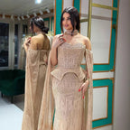 Luxury Gray Beaded Off-Shoulder Evening Dress with Cape Sleeves LA73076