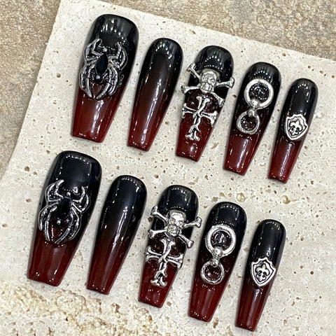 10pcs Handmade Press On Nail Gradient Black Red Retro False Nail Tips Medium Coffin Heavy Metal Punk Style Fake Nail For Girls