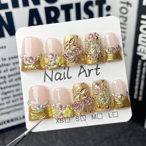 10 uñas postizas hechas a mano, estilo retro, con lámina dorada, estilo francés, forma de cereza, diamante, pico de pato, de lujo. 
