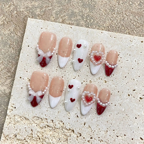 10 Stück weiße, handgefertigte französische Kunstnägel mit 3D-Schleifendesign, zum Aufdrücken der Nägel, rosa, abnehmbare, mandelförmige Kunstnägel 