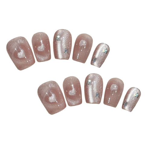 10 uñas postizas hechas a mano con purpurina rosa, corazón de amor, ojo de gato, cobertura completa, uñas postizas de moda para mujeres y niñas. 