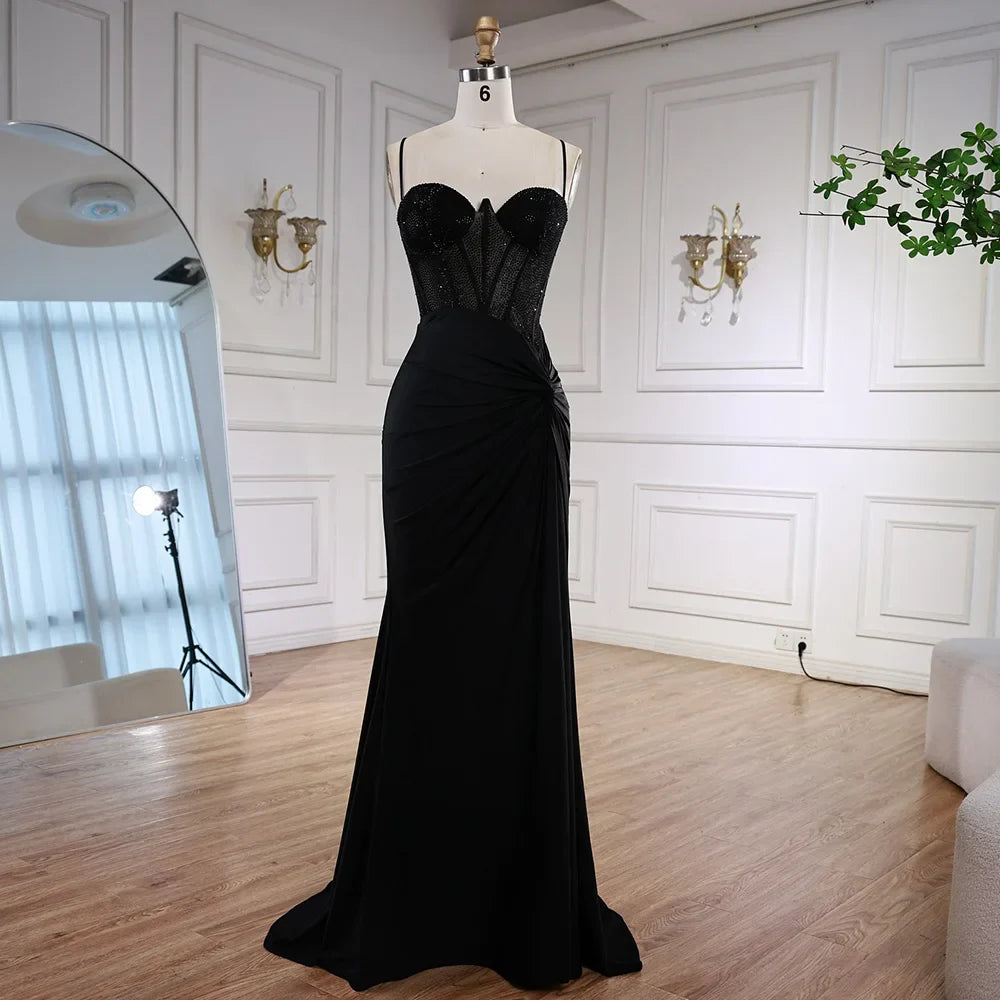 Black Beaded Classy Prom Dress with Spaghetti Straps