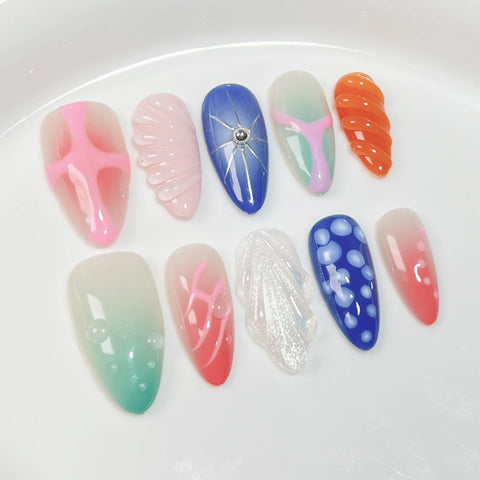 10 uñas postizas Aurora con diseño de conchas 3D, diseño de estrellas Y2K, color naranja degradado y almendra, manicura hecha a mano. 