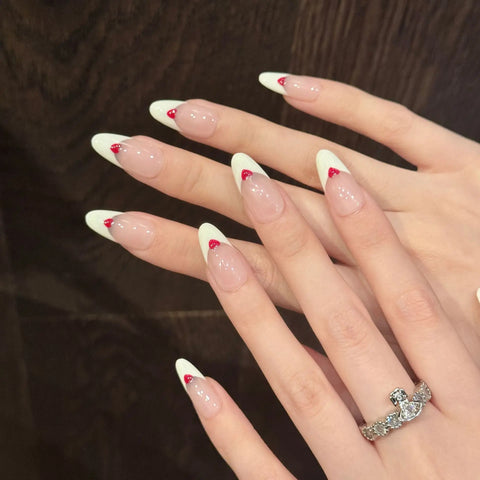 10pcs White Edge French Style Press On Nails Simple Red Love Heart Designs Handmade False Nails Sweet Almond Fake Nail For Girls