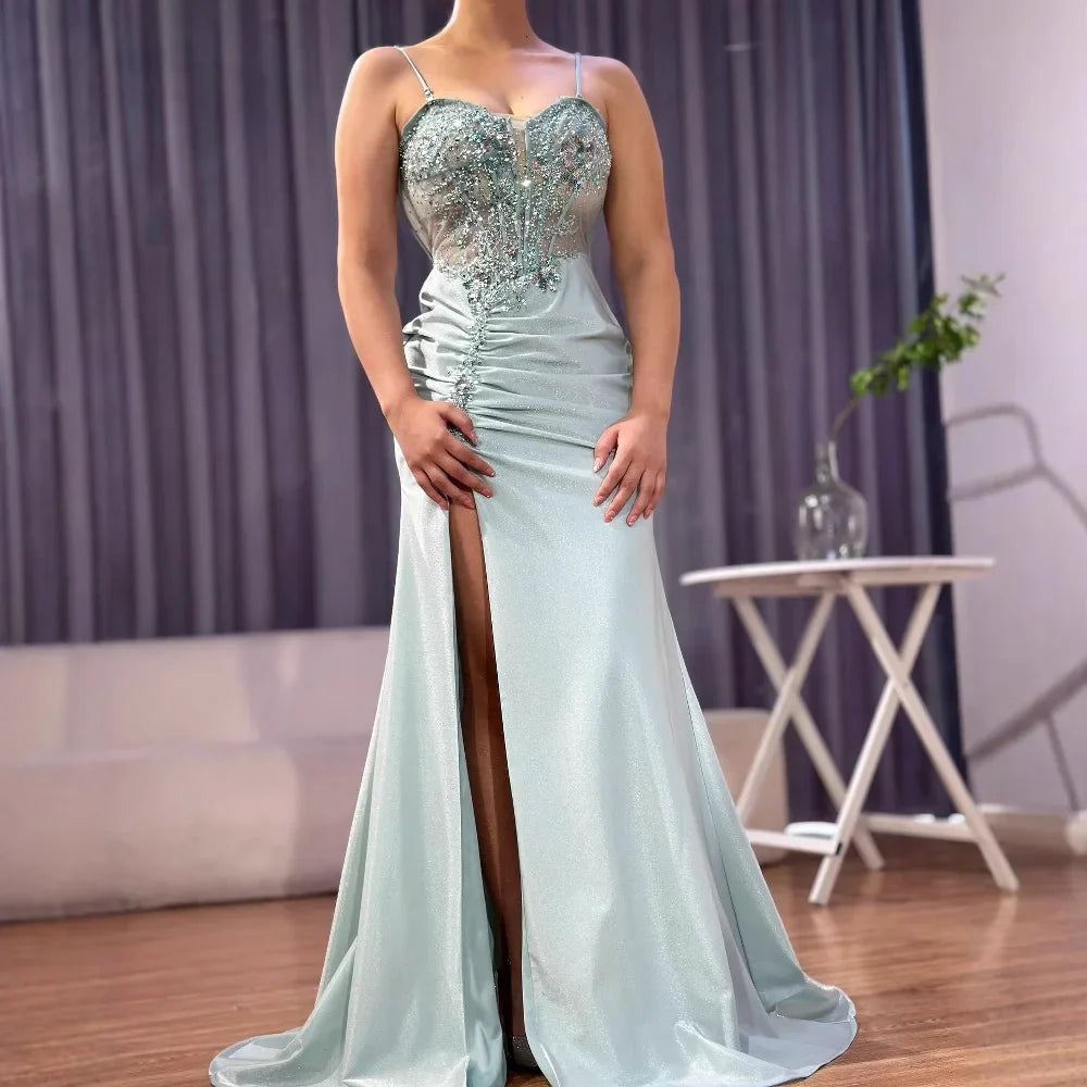 Elegantes marineblaues Satin-Abendkleid mit Spitze, Perlenbesatz und Schlitz LA73003