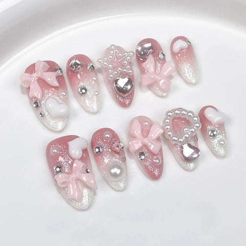 10 Stück weiße, handgefertigte französische Kunstnägel mit 3D-Schleifendesign, zum Aufdrücken der Nägel, rosa, abnehmbare, mandelförmige Kunstnägel 