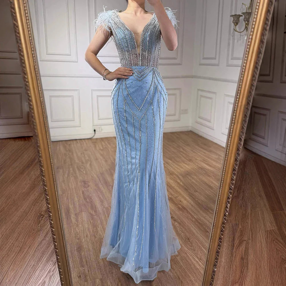 Luxuriöses Dubai-Abendkleid im Meerjungfrauenstil mit Perlen und Federn in Blau, LA72578 