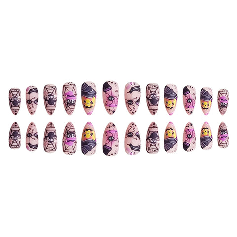 24 parches de uñas postizas de almendra para usar, con temática de Halloween, con diseño de araña bailando, murciélago y calabaza, manicura DIY. 