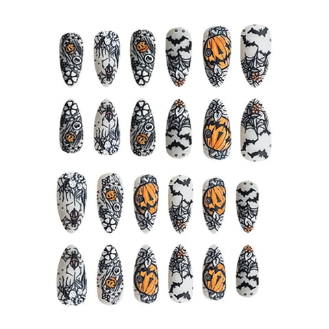 24 uñas postizas con temática de Halloween, color almendra brillante, negro oscuro, con estampado de calabaza, araña y murciélago. 