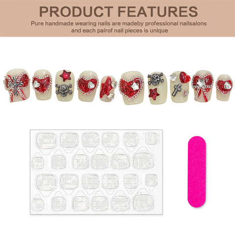 10 parches coreanos para uñas postizas, hechos a mano, con forma de corazón rojo, lazos de metal, calaveras, uñas postizas para usar. 