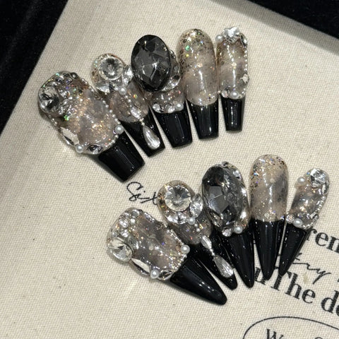 10 Stück schwarze Press-On-Nägel im französischen Stil, handgefertigt, voller Flash-Strass-Dekor, leichte, luxuriöse künstliche Nägel für heiße Mädchen 