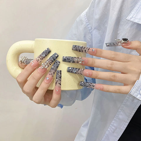 10pcs Long Coffin Press On Nails Handmad Dark Blue False Nail Patches Metal Diamond Star Designs Wearable French Style Fake Nail