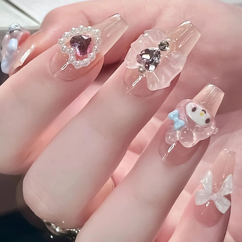 10 Stück handgemachte Press-On-Nägel, hellrosa, süßes Cartoon-Dekor, falsche Nagelflecken, 3D-Bögen, Perlendesign, koreanische gefälschte Nagelspitzen 