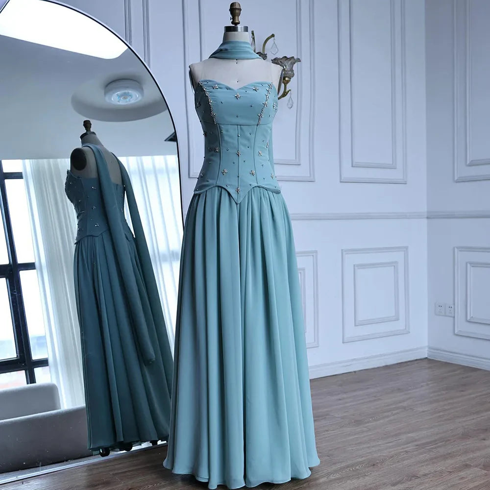 Elegantes salbeigrünes A-Linien-Abendkleid aus Chiffon LA73073 