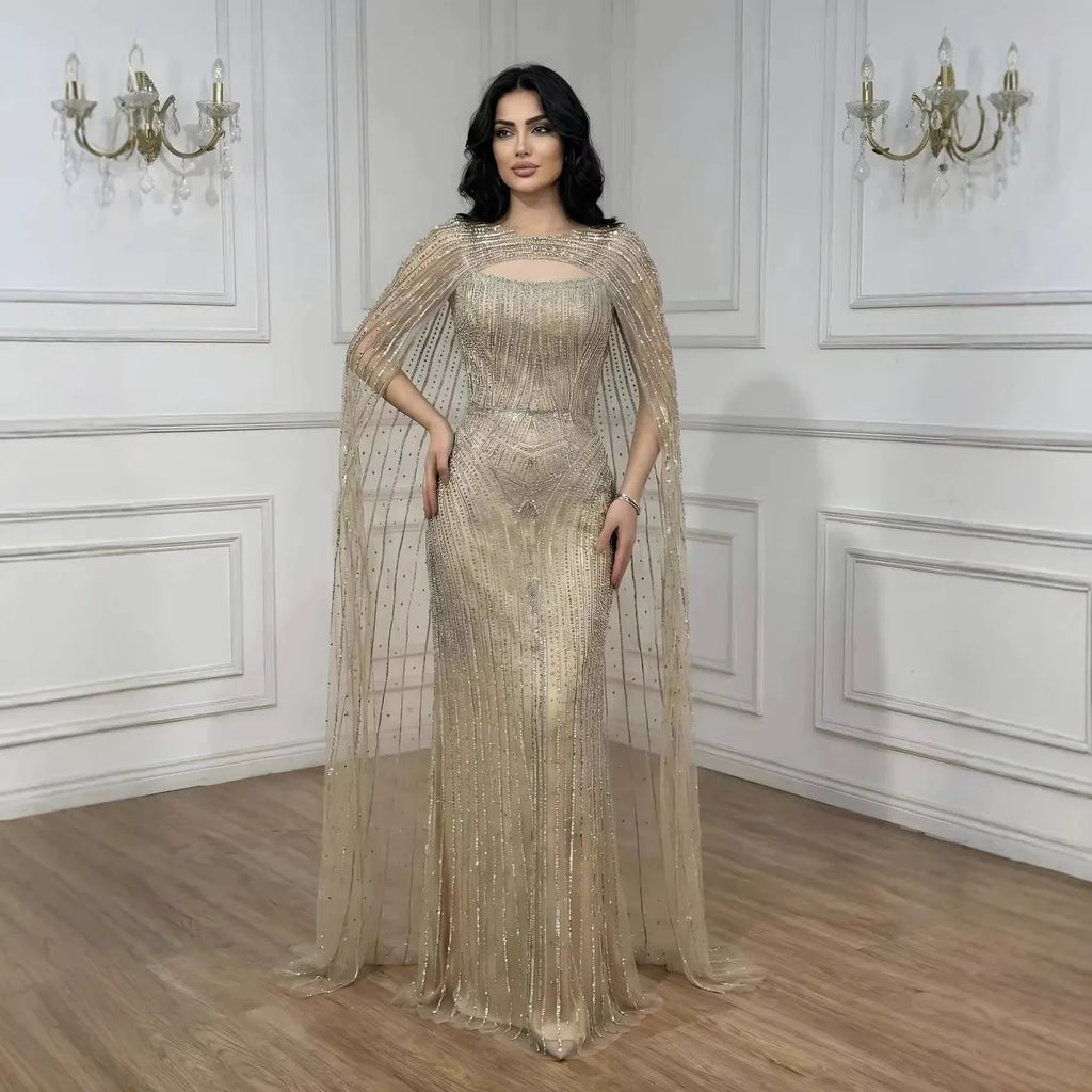 Luxuriöses blaues Diamant-Abendkleid mit Cape LA73426