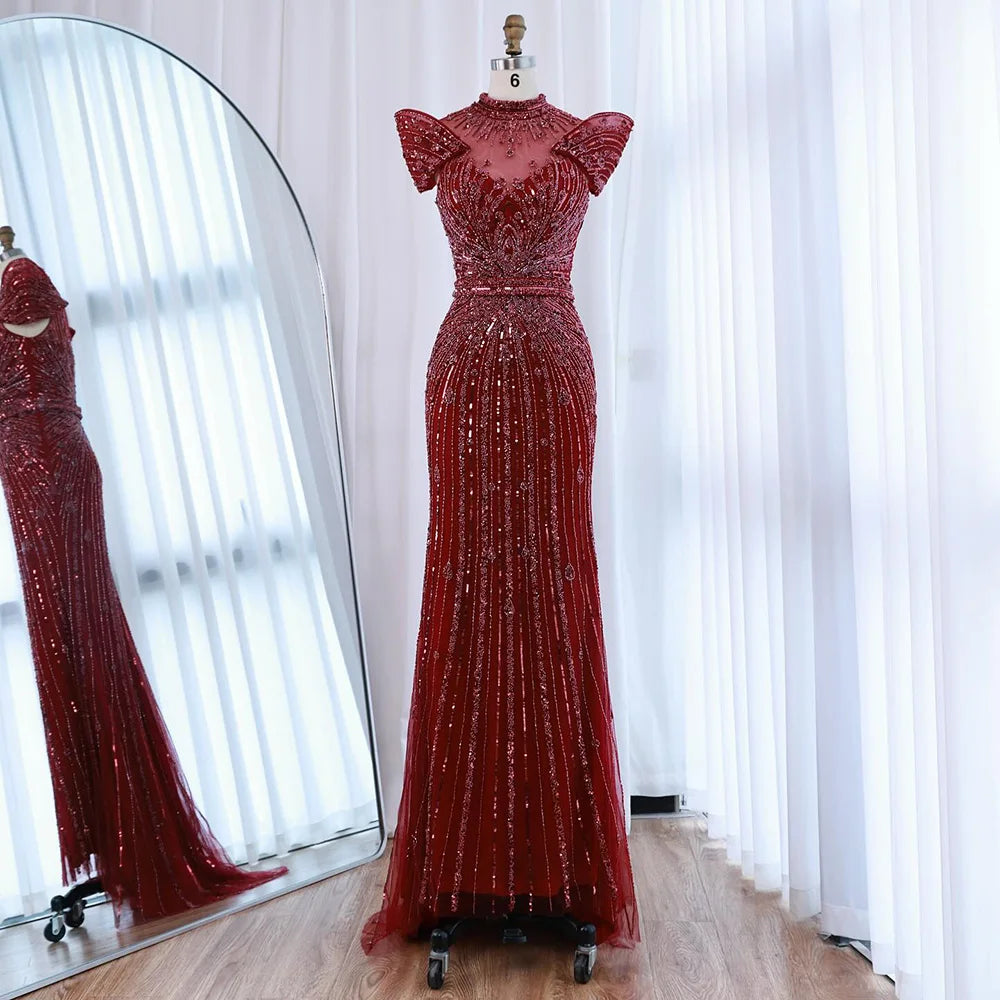 Vestido de noche de lujo color caramelo con cuentas y corte sirena LA73082 