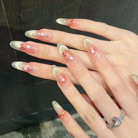 10 uñas postizas de cereza dulce para mujeres y niñas, brillantes, con sonrisa, ojo de gato, Y2k, estrellas, hechas a mano, con rubor suave. 