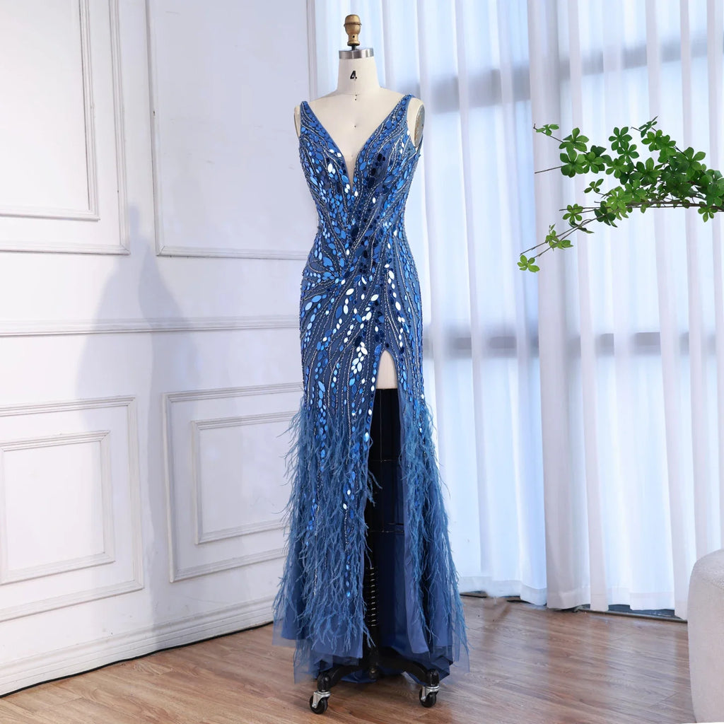 Luxury Blue Beaded Feather Mermaid Evening Dress