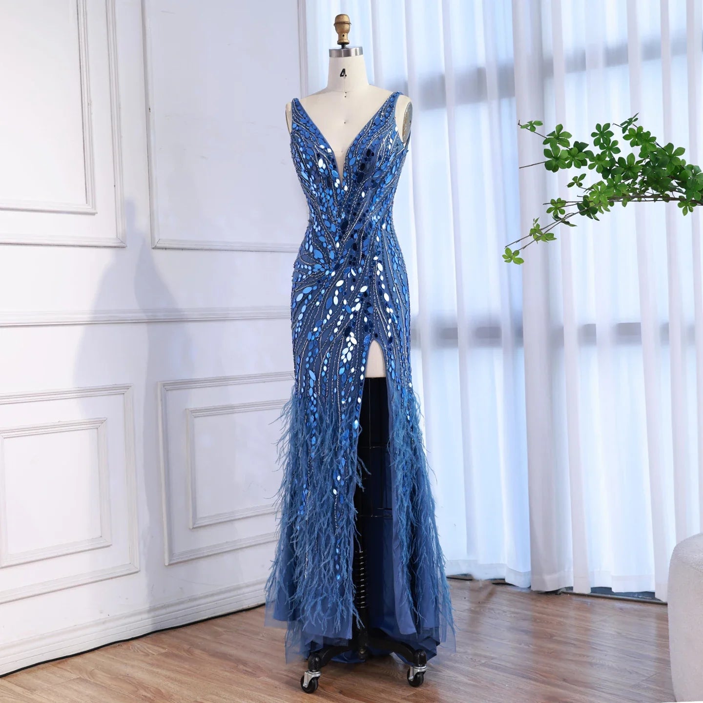 Luxury Blue Beaded Feather Mermaid Evening Dress