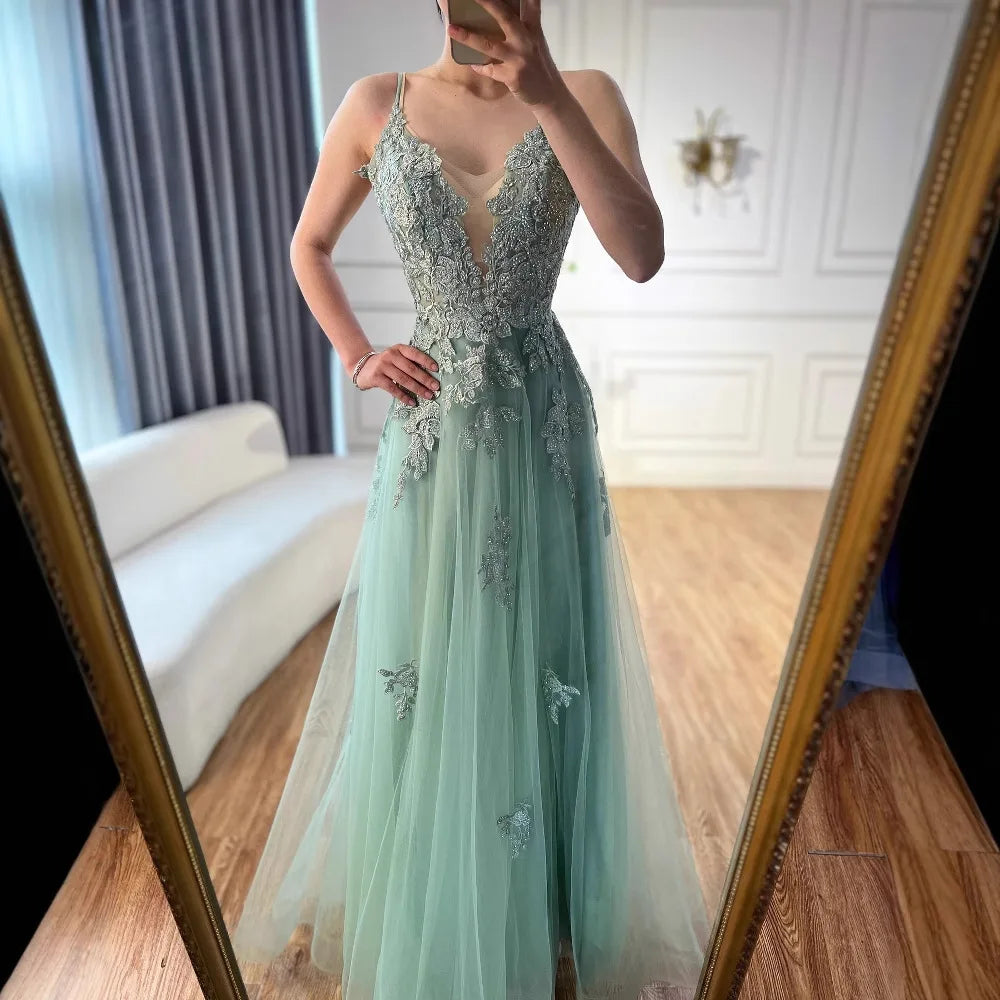 Vestido de fiesta de lujo de encaje verde salvia con tirantes finos, corte A, LA73005
