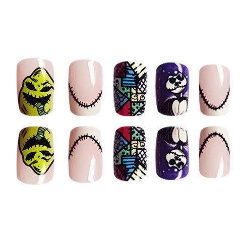24 uñas postizas para Halloween, festival, terror, lengua verde, monstruo, calavera, uñas postizas cuadradas cortas para niña. 