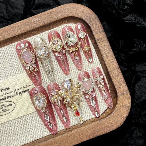 10pcs Romantic Flash Pink Handmade False Nails Luxury Full Shiny Crystal Rhinestone Press On Nails Spicy Girl Fake Nail Wearable
