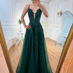Vestido de fiesta de lujo de encaje verde salvia con tirantes finos, corte A, LA73005