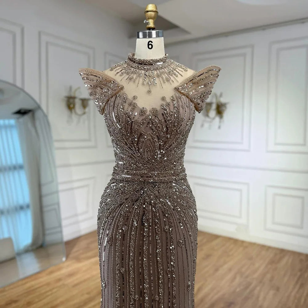 Vestido de noche de lujo color caramelo con cuentas y corte sirena LA73082 