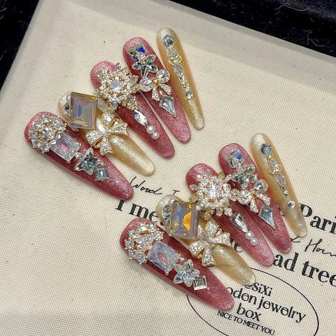 10pcs Romantic Flash Pink Handmade False Nails Luxury Full Shiny Crystal Rhinestone Press On Nails Spicy Girl Fake Nail Wearable
