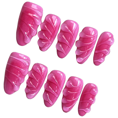 10 Stück handgefertigte Press-On-Nägel, Rose Pink, 3D-Wassertropfen-Designs, künstliche Nagelflicken, glänzende Mandel, wiederverwendbare künstliche Nägel, Salonkunst 