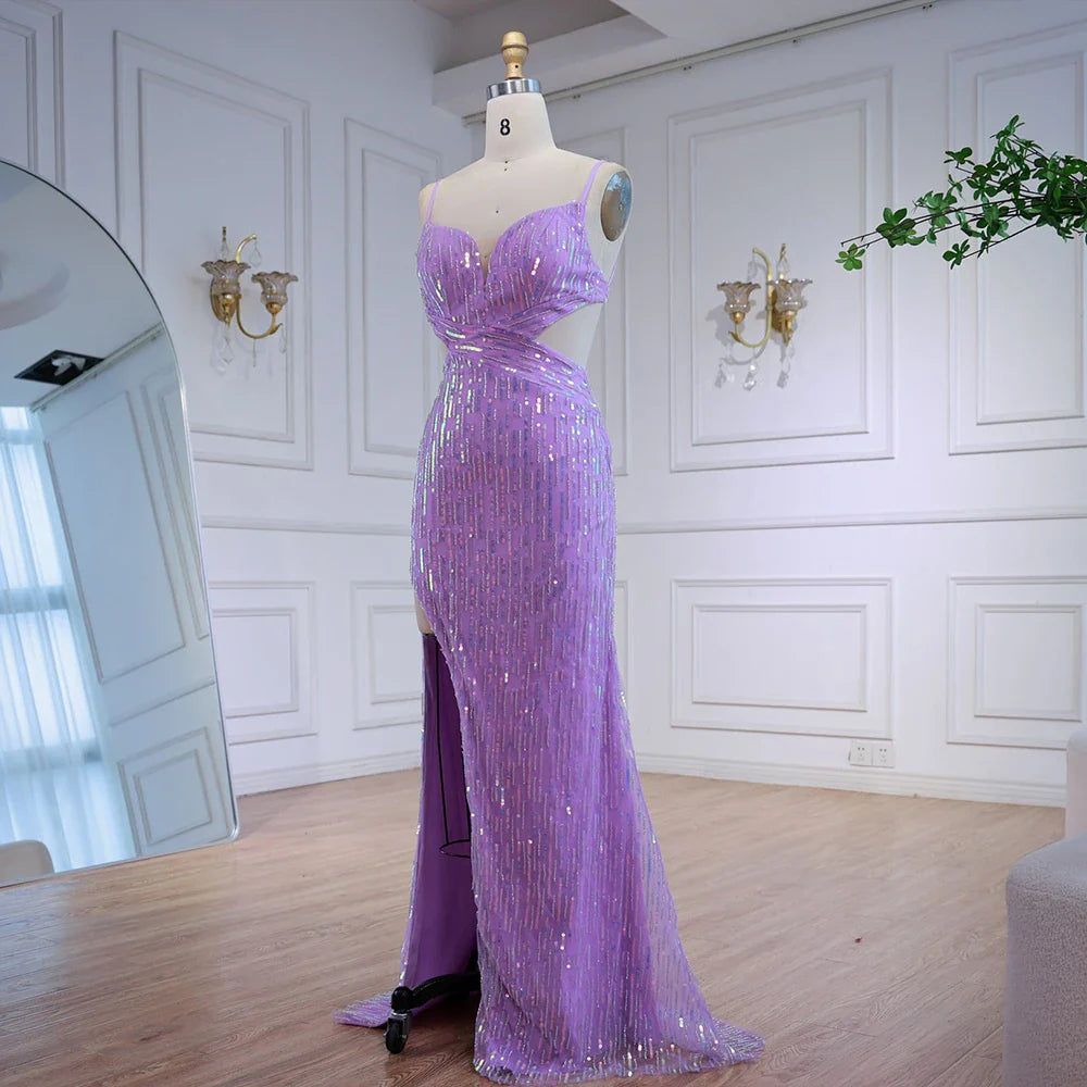 Luxury Purple Sequin Prom Dress with Slit and Cutout Waist