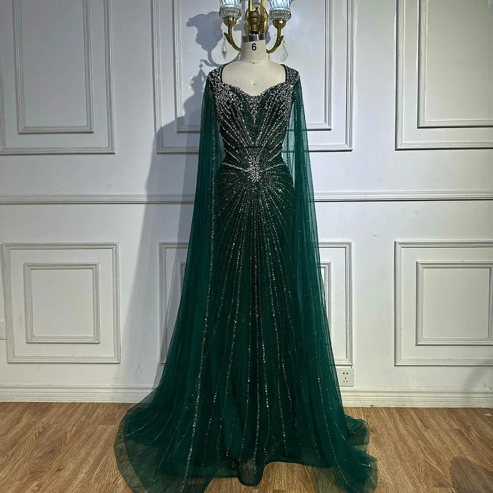 Dubai Luxus-Abendkleid mit hautfarbenen Cape-Ärmeln und Perlenbesatz LA72575A