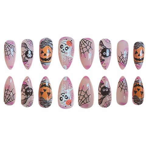 24 parches de uñas postizas rosa claro con diseño de calabaza, telaraña, calavera de terror, uñas postizas de Halloween, manicura usable 