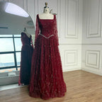 Luxuriöses, salbeigrünes, perlenbesetztes Abendkleid mit langen Ärmeln LA72805B 