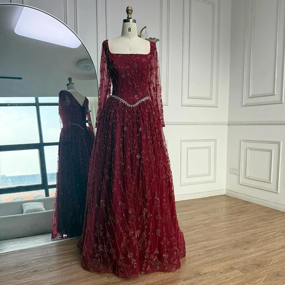 Luxuriöses, salbeigrünes, perlenbesetztes Abendkleid mit langen Ärmeln LA72805B 