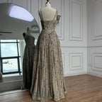Vestido de noche de lujo verde salvia con cuentas, corte A y tirantes finos LA72805 