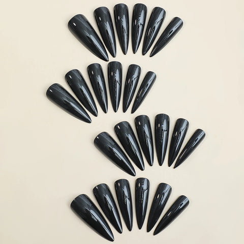 24 parches de uñas postizas largas y puntiagudas, brillantes, negras oscuras, modernas y usables, de color sólido, cobertura total. 