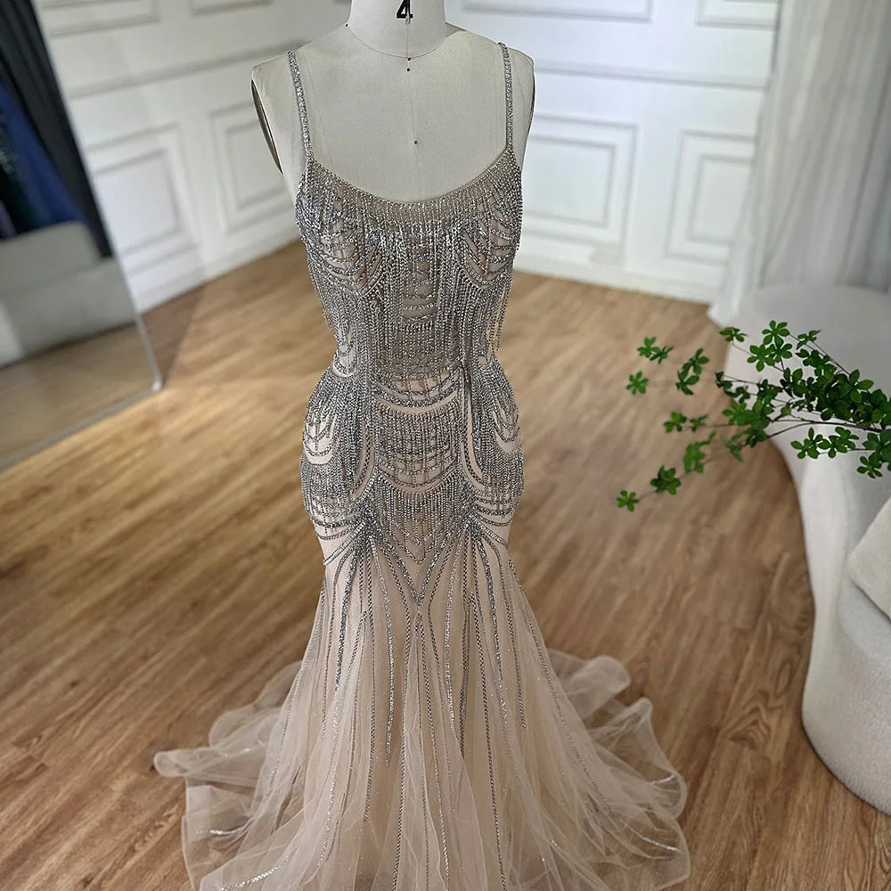 Luxuriöses, nudefarbenes, rosafarbenes Meerjungfrauen-Abendkleid mit Kristallquasten LA72772