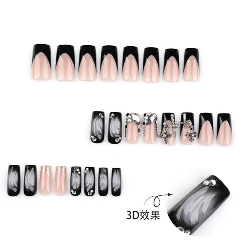 24 uñas postizas negras brillantes para chicas con estilo picante, con brillantes diamantes de imitación, estilo francés, uñas cruzadas a presión, uñas de ataúd de longitud media. 