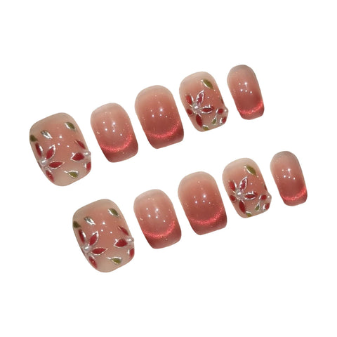 10 uñas postizas de ojo de gato rosa brillante, pintadas a mano, con diseño de flor de pera, cobertura completa, estilo coreano, fáciles de usar. 