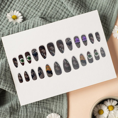 24 uñas postizas artificiales mate con diseño de murciélago, araña, calabaza y globo ocular para Halloween, uñas postizas almendradas usables. 