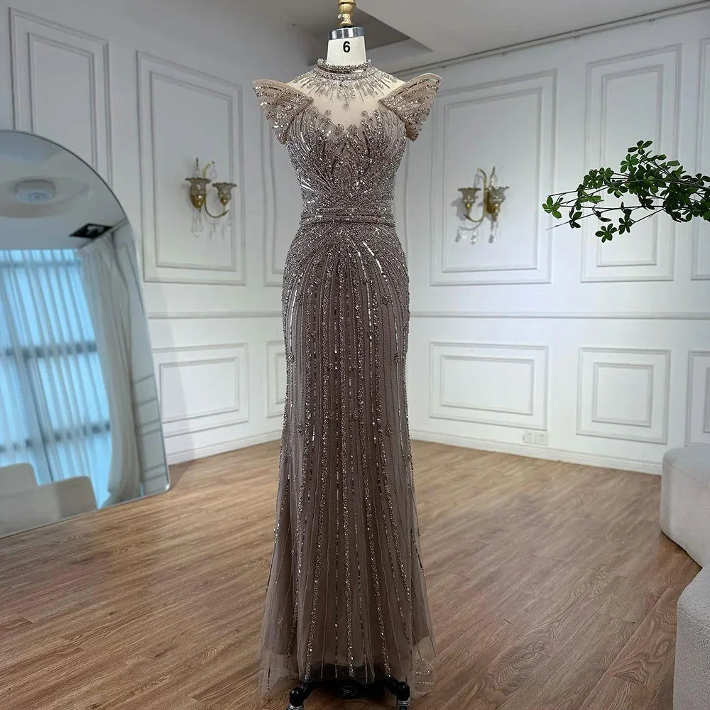Vestido de noche de lujo color caramelo con cuentas y corte sirena LA73082 