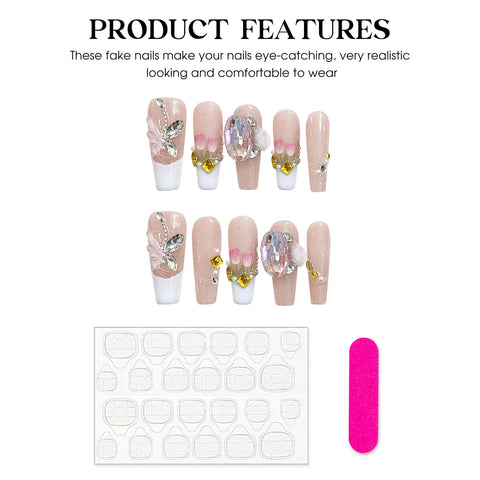 10 uñas postizas francesas blancas hechas a mano, color rosa suave, largas, estilo ataúd, con diseño de flor de tulipán 3D y diamantes brillantes. 