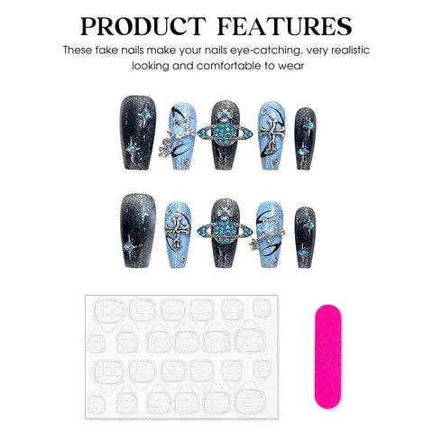 10 uñas postizas estilo Y2k, hechas a mano, en azul brillante, con diseños de cruz de diamantes brillantes, uñas postizas desmontables. 