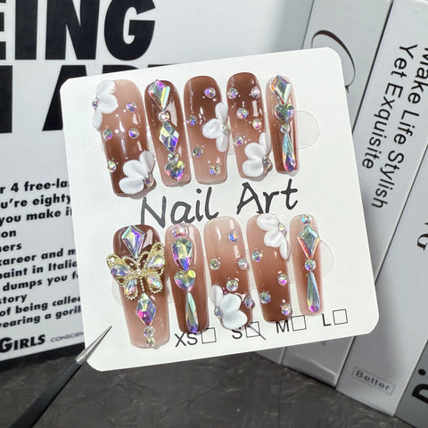 10pcs Glossy Coffin Handmade Press On Nails Gradient Brown White Flower Flash Butterfly Diamond False Nail Luxury Fake Nails