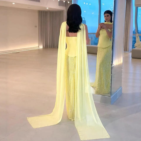 Luxury Yellow Chiffon Mermaid Evening Dress with Cape LA73007