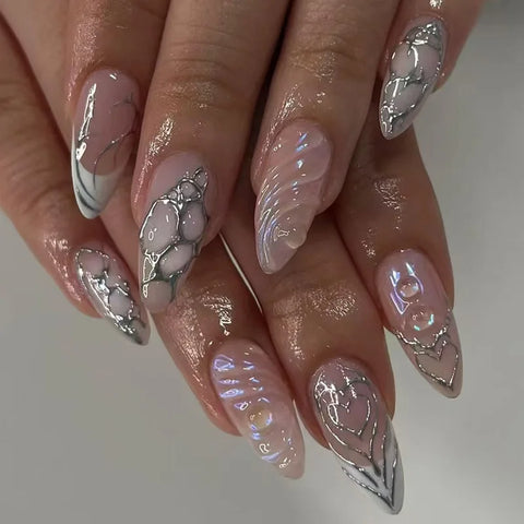 24 uñas postizas largas Y2k con forma de estilete, color negro, con forma de corazón, esmeriladas, estilo francés, para chicas con un toque picante. 